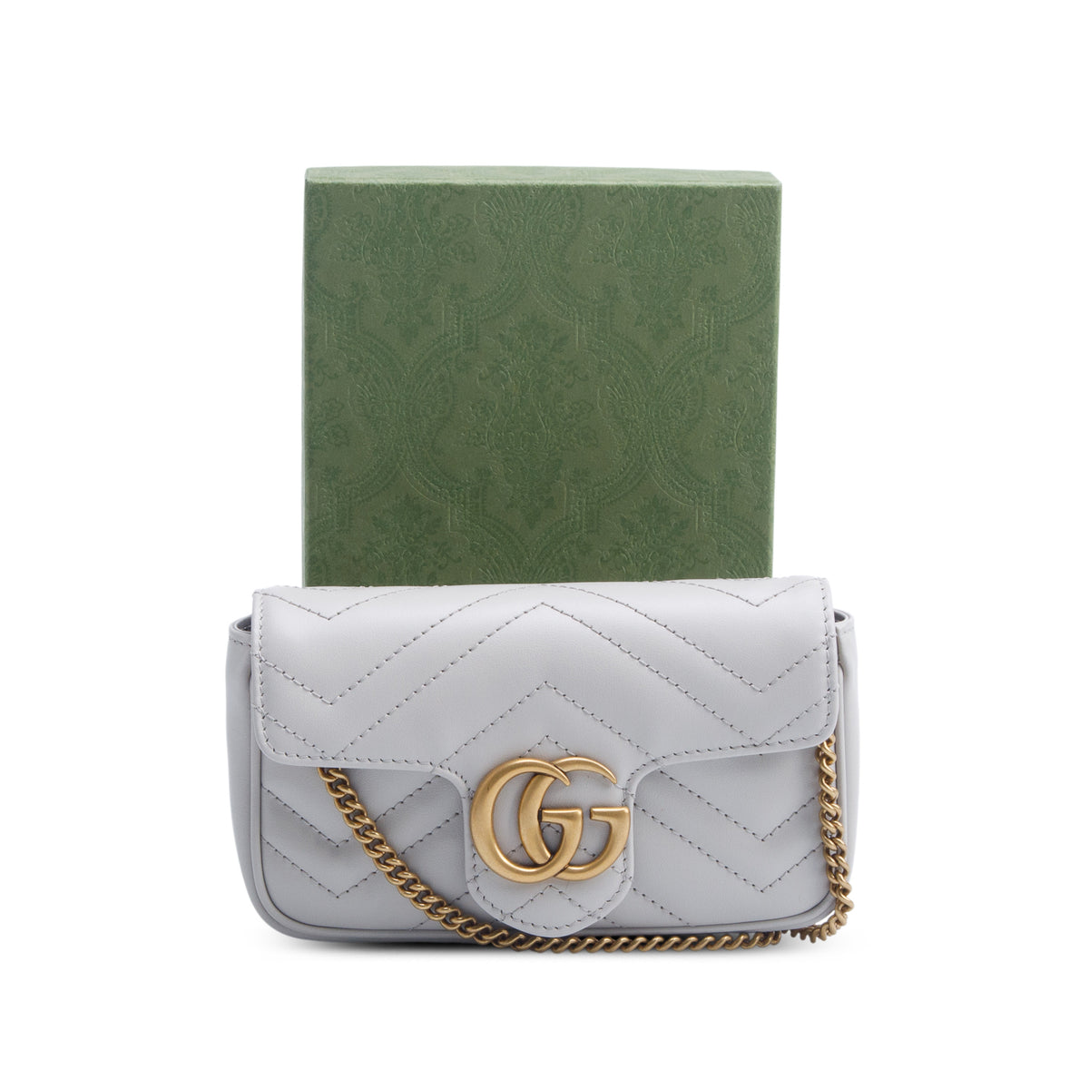 Gucci Grey GG Marmont Matelasse Leather Super Mini Bag w/ Box