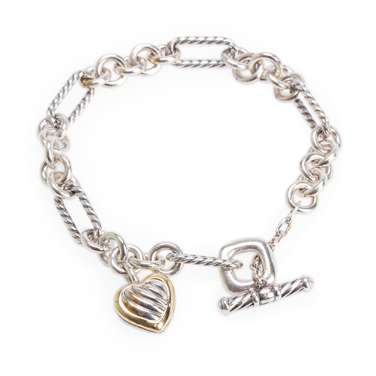 David Yurman Sterling Silver & 18k Yellow Gold Figaro Link Cable Heart Charm Bracelet