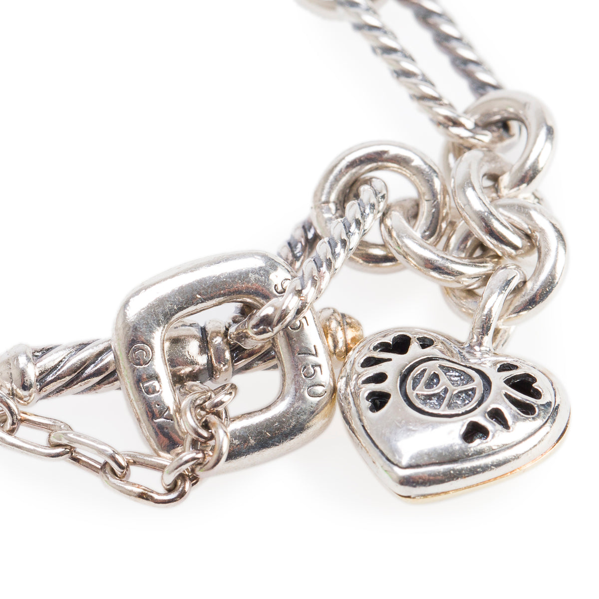 David Yurman Sterling Silver & 18k Yellow Gold Figaro Link Cable Heart Charm Bracelet
