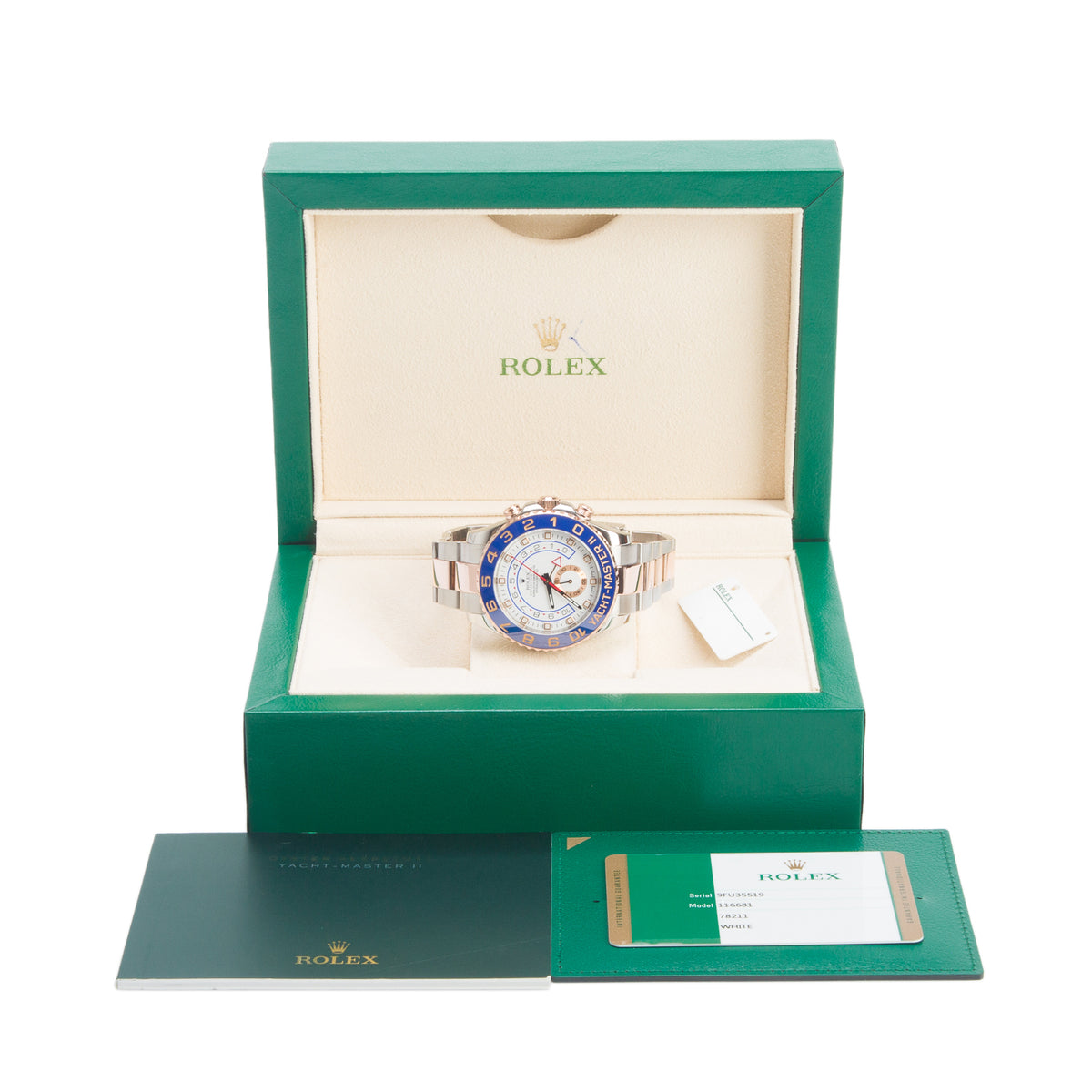 Rolex Stainless Steel & 18k Rose Gold Yacht-Master II 44 MM Automatic Chronograph Watch Blue Bezel White Dial 116681 w/ Box & Papers