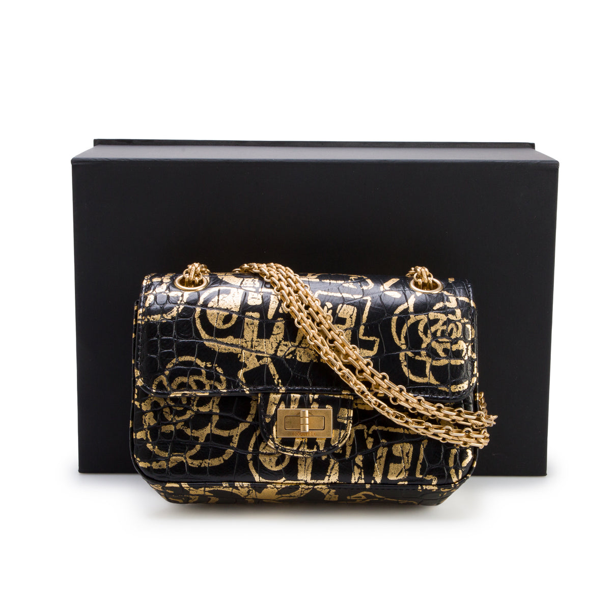 Chanel Black Calfskin Croc Embossed Graffiti 2.55 Mini Reissue Flap Bag w/ Box, Authenticity Card & Receipt