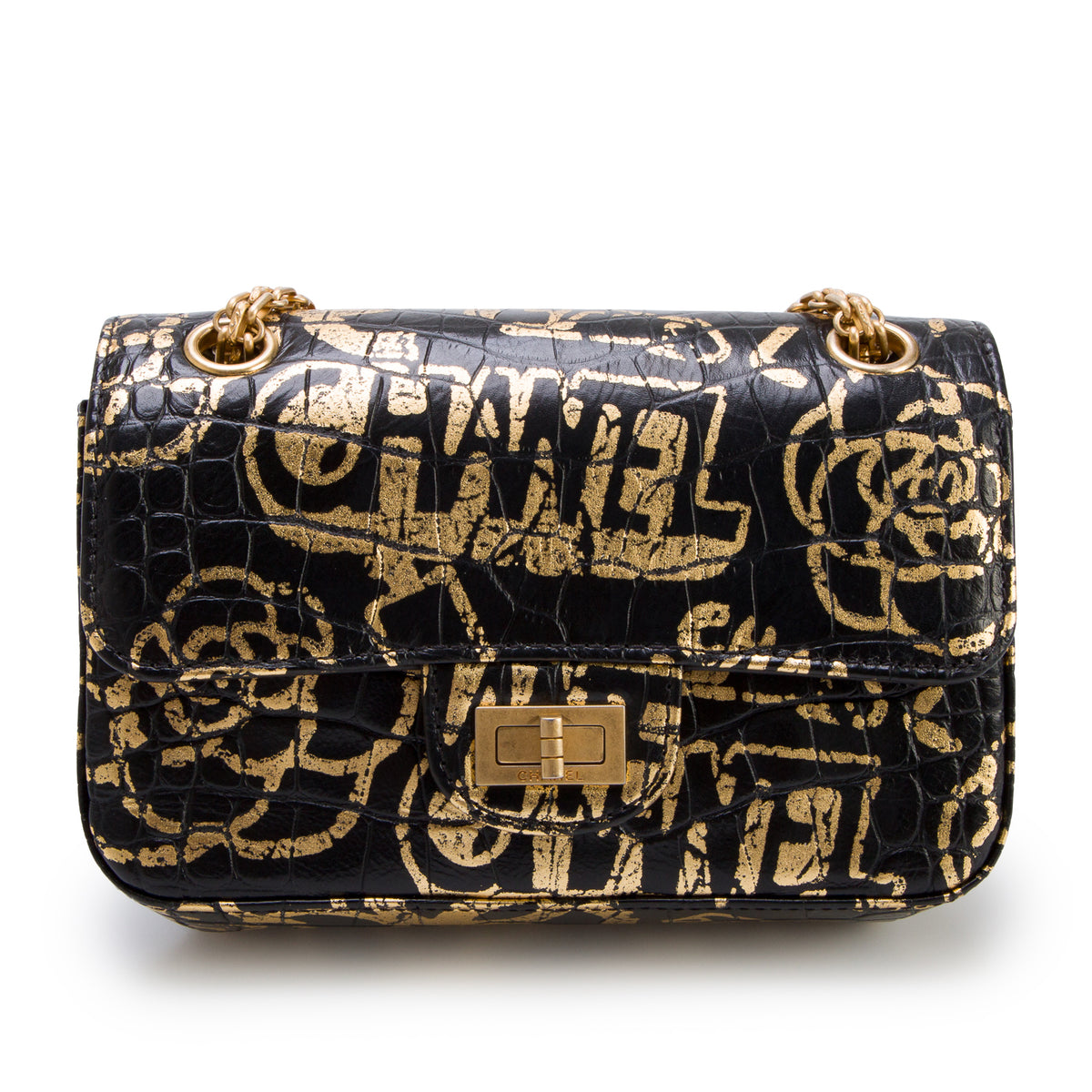 Chanel Black Calfskin Croc Embossed Graffiti 2.55 Mini Reissue Flap Bag w/ Box, Authenticity Card & Receipt