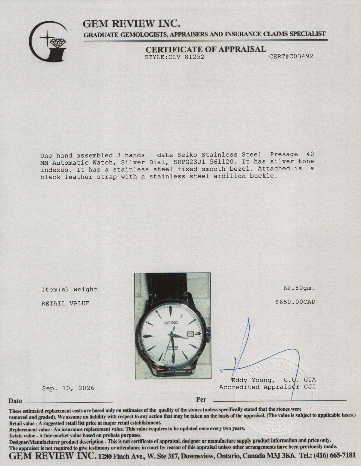 Seiko Stainless Steel Presage 40 MM Automatic Watch Silver Dial SRPG23J1 w/ Box, Papers & Extra Strap