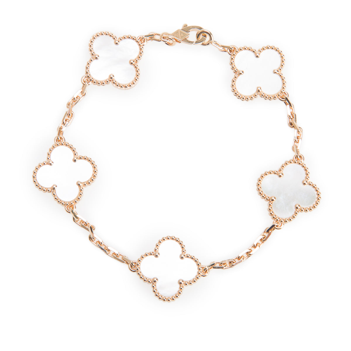 Van Cleef & Arpels 2026 18k Yellow Gold Vintage Alhambra 5 Motif Mother of Pearl Bracelet w/ Box & Certificate