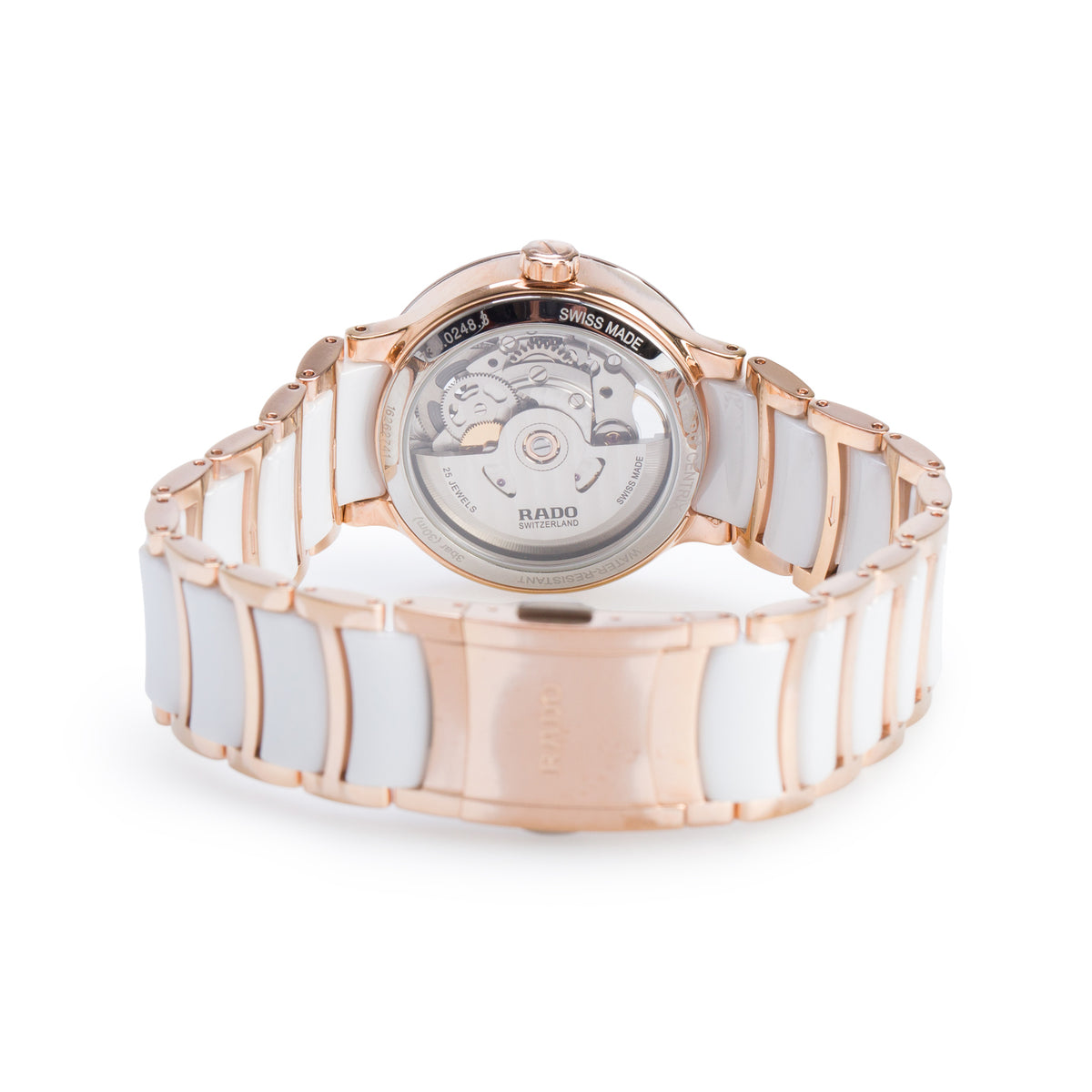 Rado Rose Gold PVD Stainless Steel & White Ceramic Centrix Open Heart 33 MM Automatic Watch Mother of Pearl Diamond Dial w/ Box