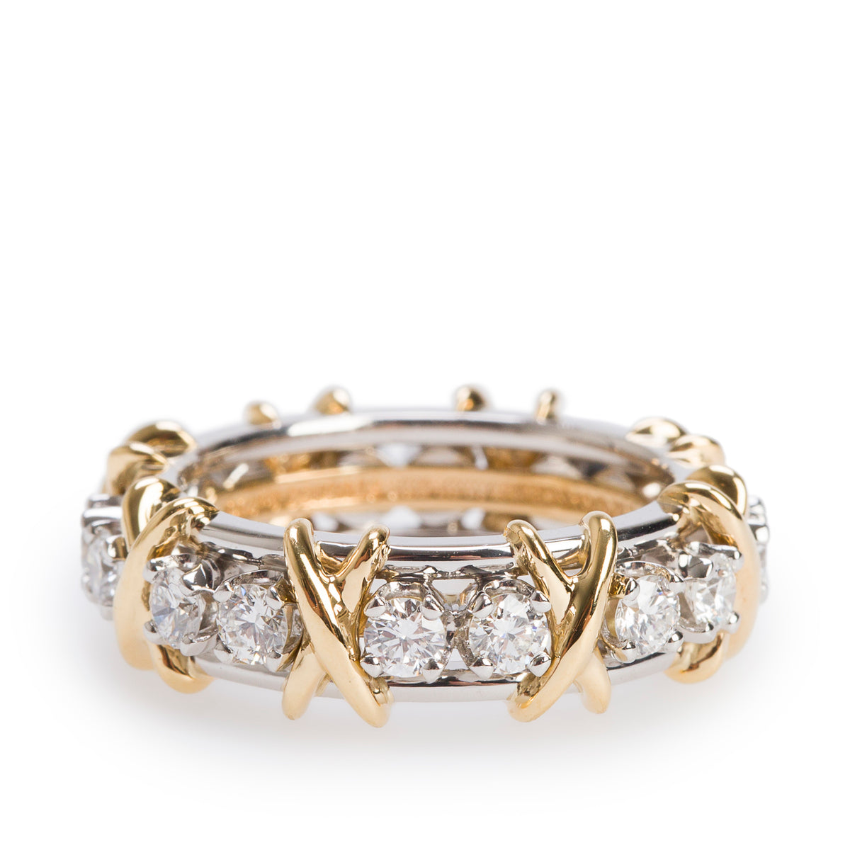 Tiffany & Co. Schlumberger Platinum & 18k Yellow Gold Sixteen Stone Diamond Ring, Size 6.25 w/ Box