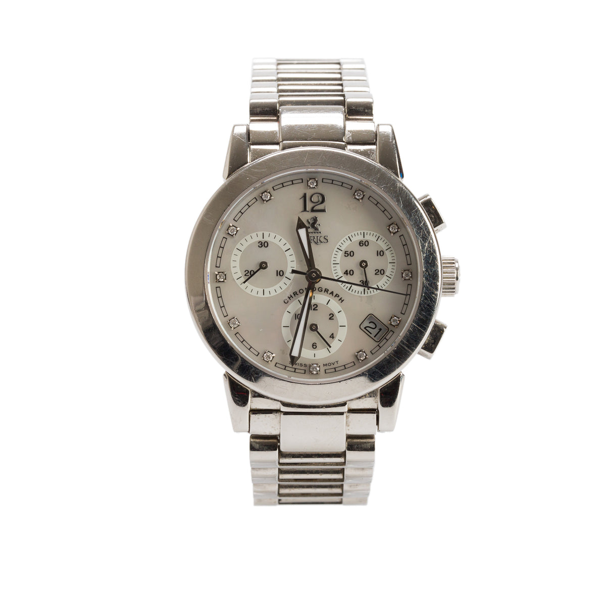 Birks Stainless Steel 34 MM Quartz Chronograph Watch Mother of Pearl Diamond Dial