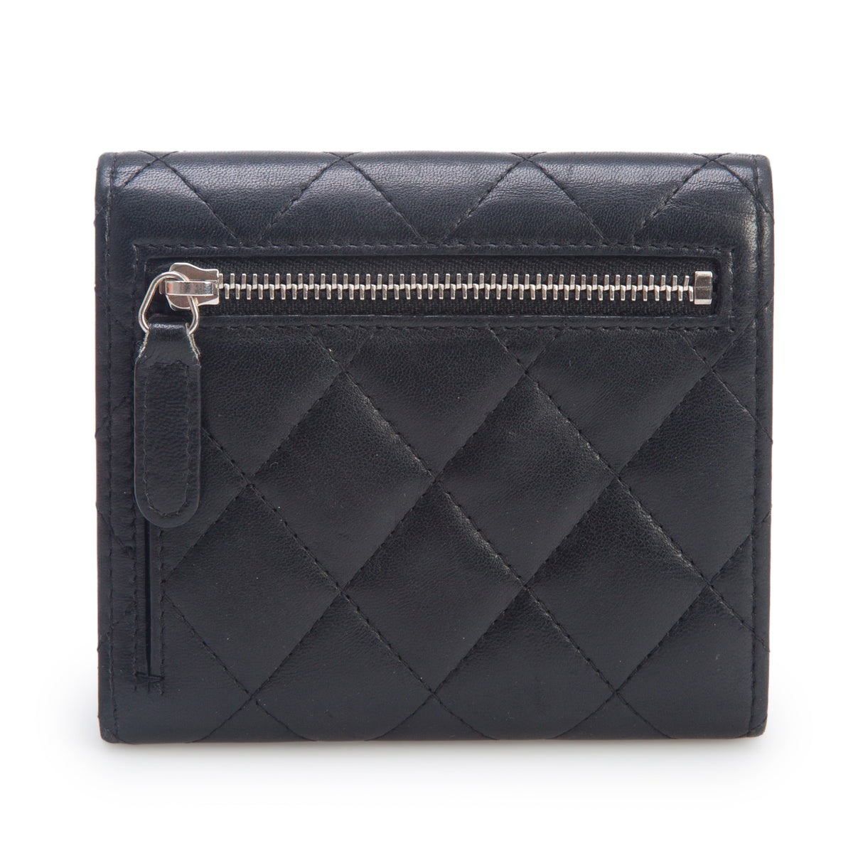 Chanel Black Lambskin Quilted Compact Flap Wallet w/ Box, Authenticity Card & Receipt
