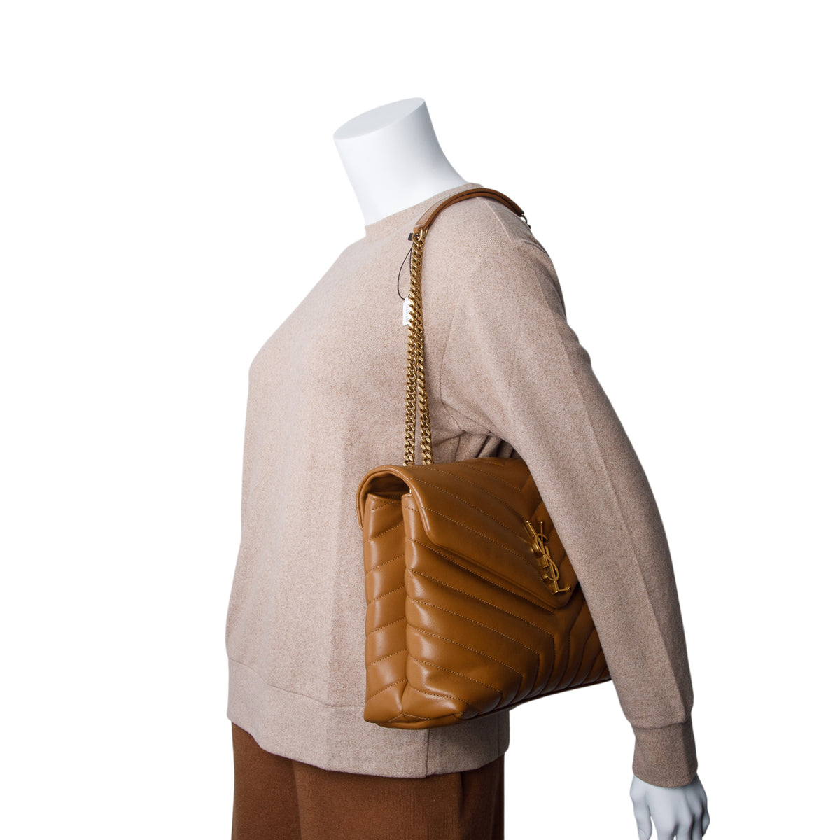 Saint Laurent 2021 Brown Calfskin Y Quilted Monogram Medium Loulou Chain Satchel w/ Box