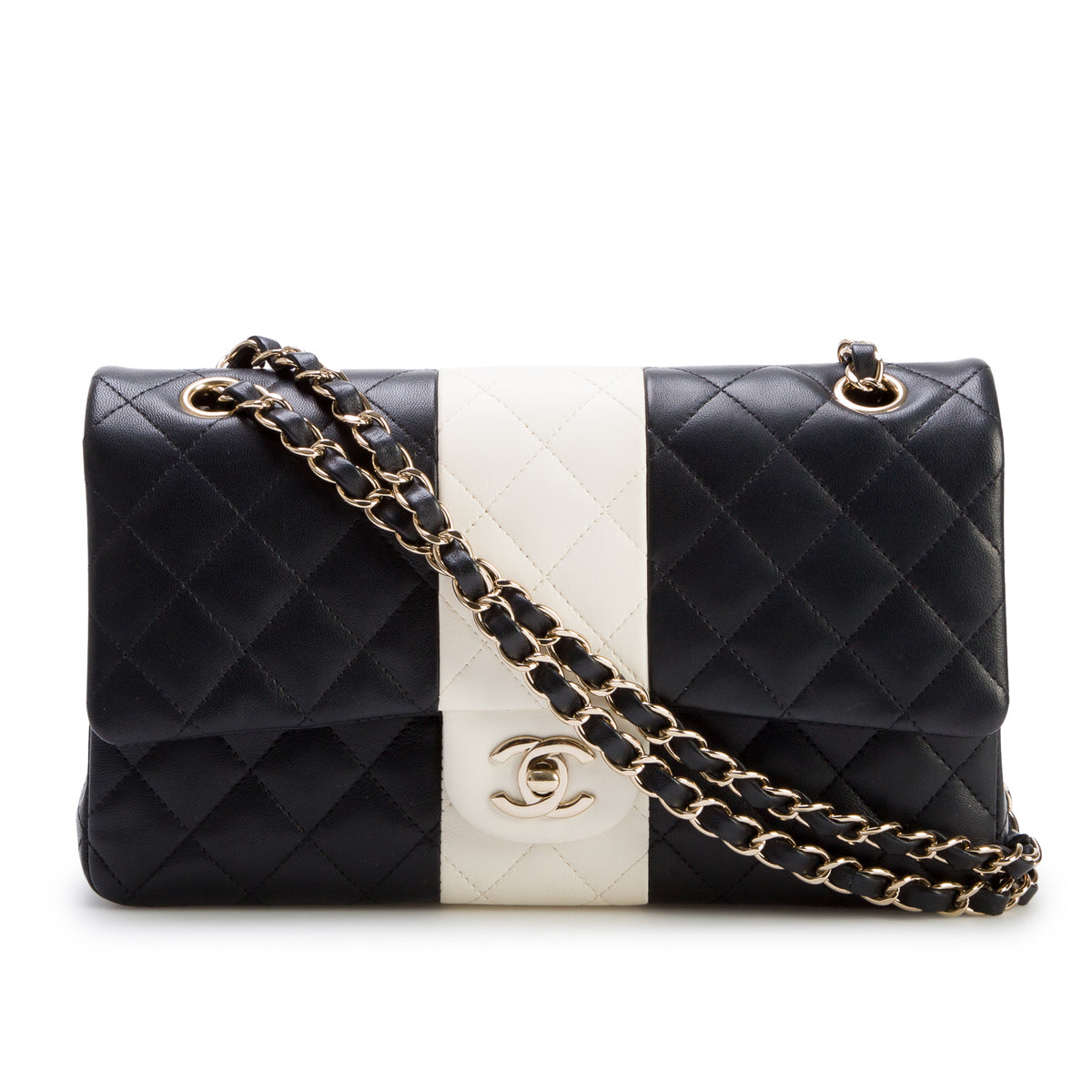 Chanel 2022 Black/White Quilted Lambskin Leather Classic Medium Double Flap Bag w/ Box, Authenticity Card & Receipt