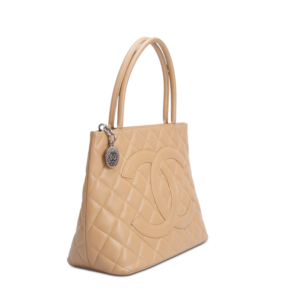 Chanel Vintage Beige Quilted Caviar Leather Medallion Tote
