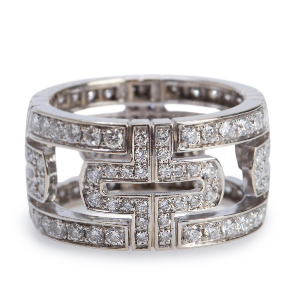 BVLGARI 18k White Gold Pave Diamond Parentesi Band Ring, Size 6.25