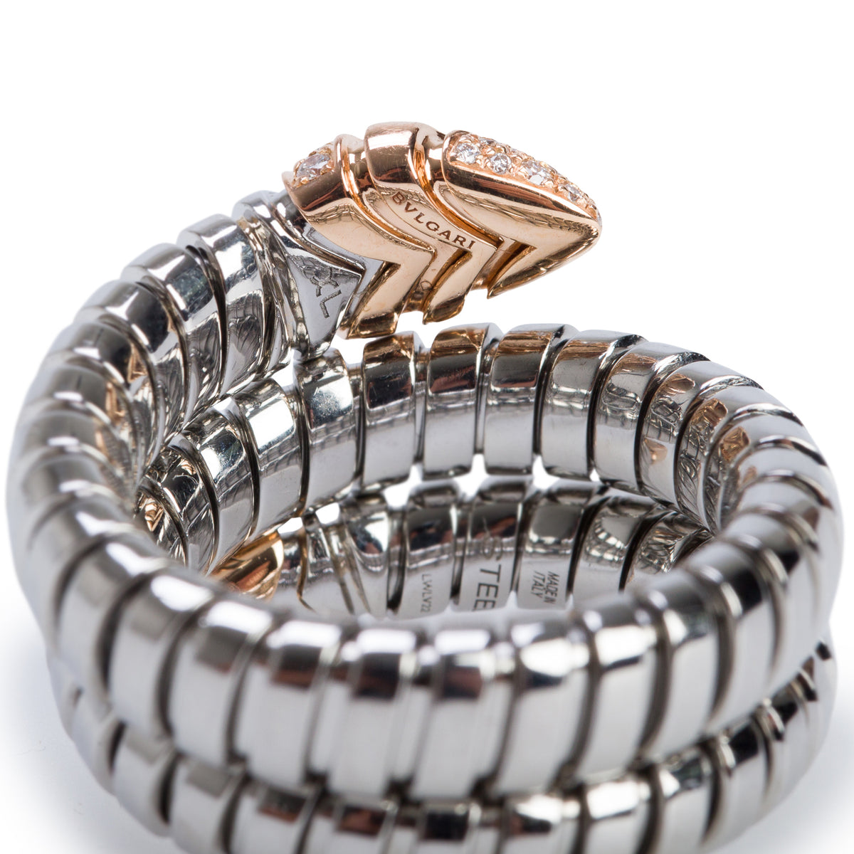 BVLGARI Stainless Steel & 18k Rose Gold Diamond Tubogas Ring, Size XL