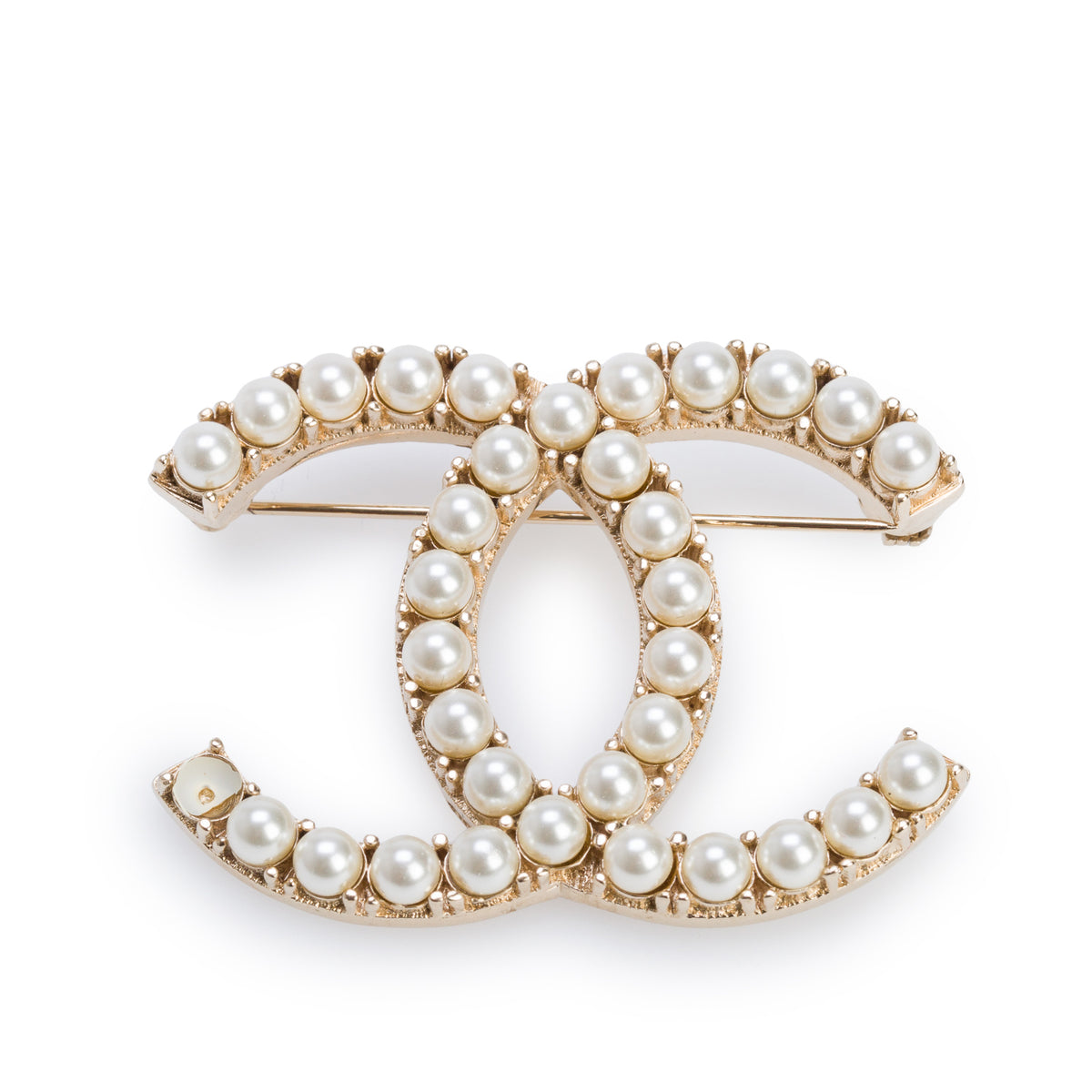 Chanel Gold Plated Faux Pearl CC Pin Brooch