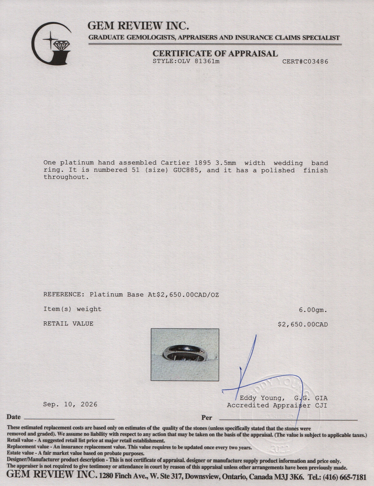 Cartier Platinum 1895 3.5 MM Wedding Band Ring, Size 51 5.75 w/ Box & Certificate