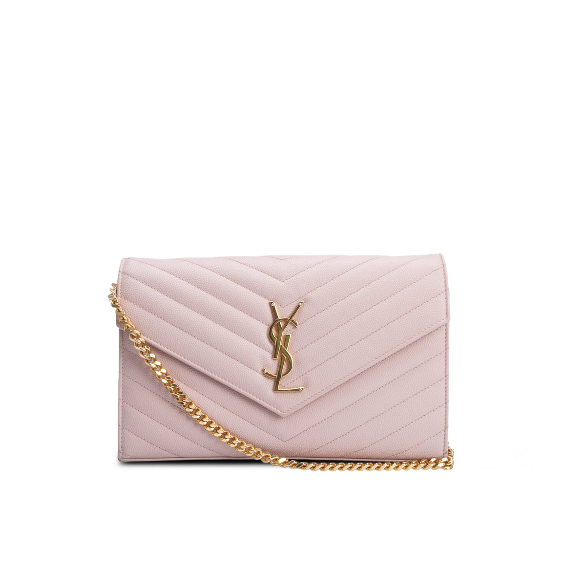 Saint Laurent Pink Grain De Poudre Cassandre Envelope Chain Wallet w/ Box
