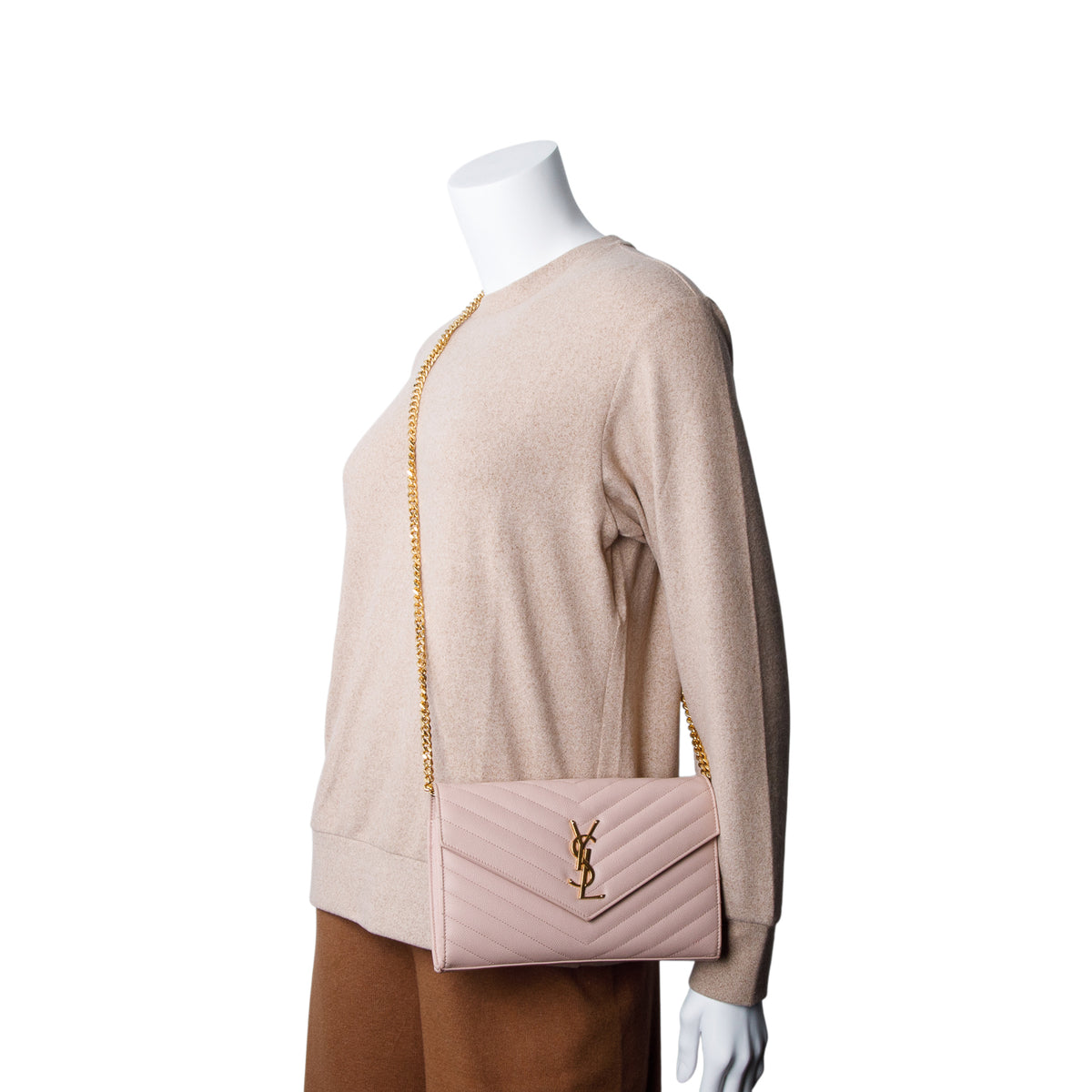 Saint Laurent Pink Grain De Poudre Cassandre Envelope Chain Wallet w/ Box