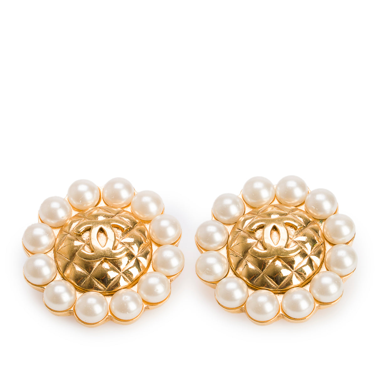 Chanel Vintage Gold-Plated Faux Pearl Quilted CC Clip-On Earrings