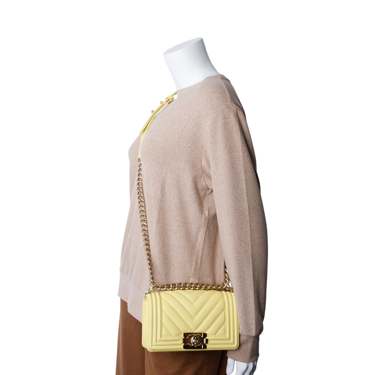Chanel 2020 Yellow Caviar Chevron Leather Small Boy Bag w/ Box & Authenticity Card