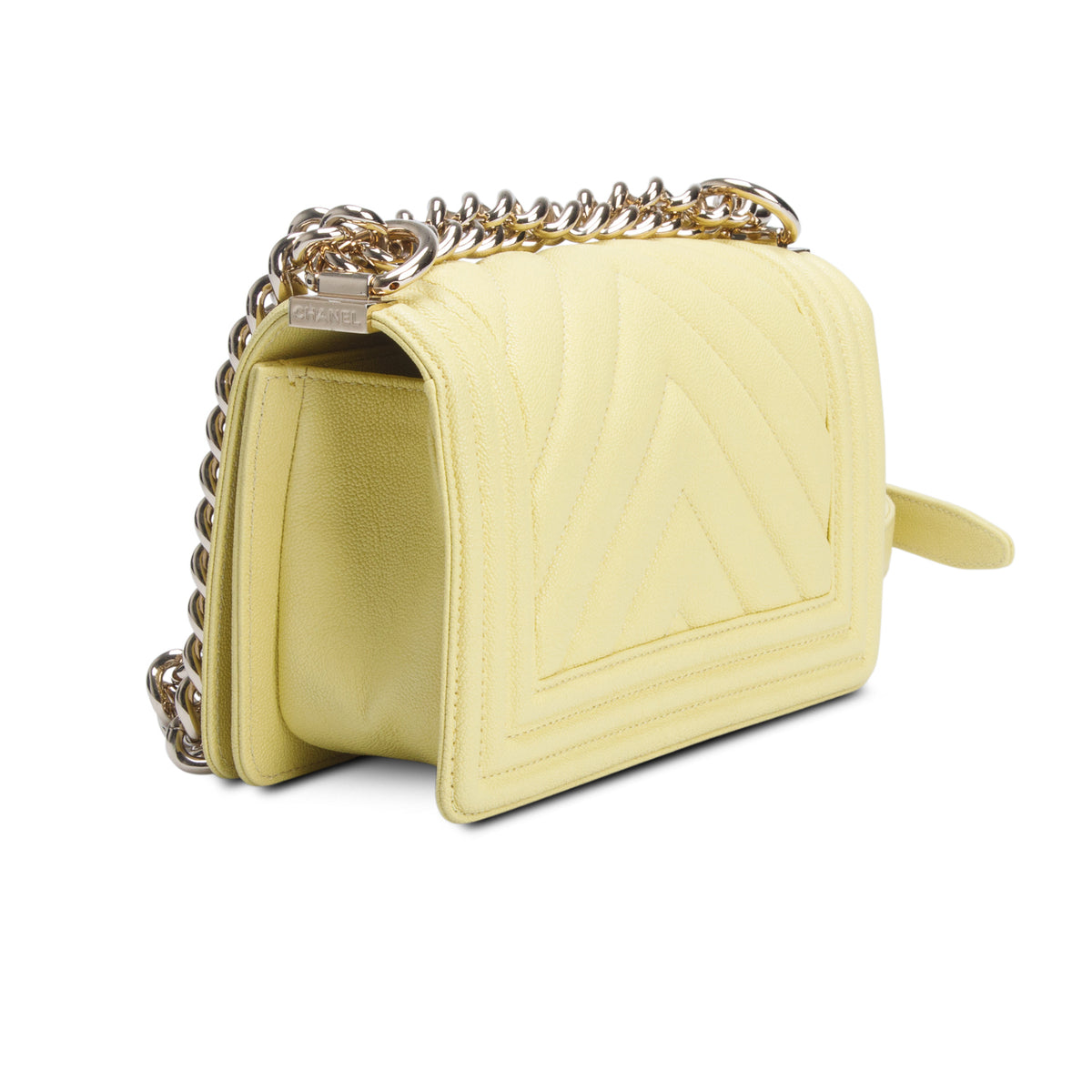 Chanel 2020 Yellow Caviar Chevron Leather Small Boy Bag w/ Box & Authenticity Card