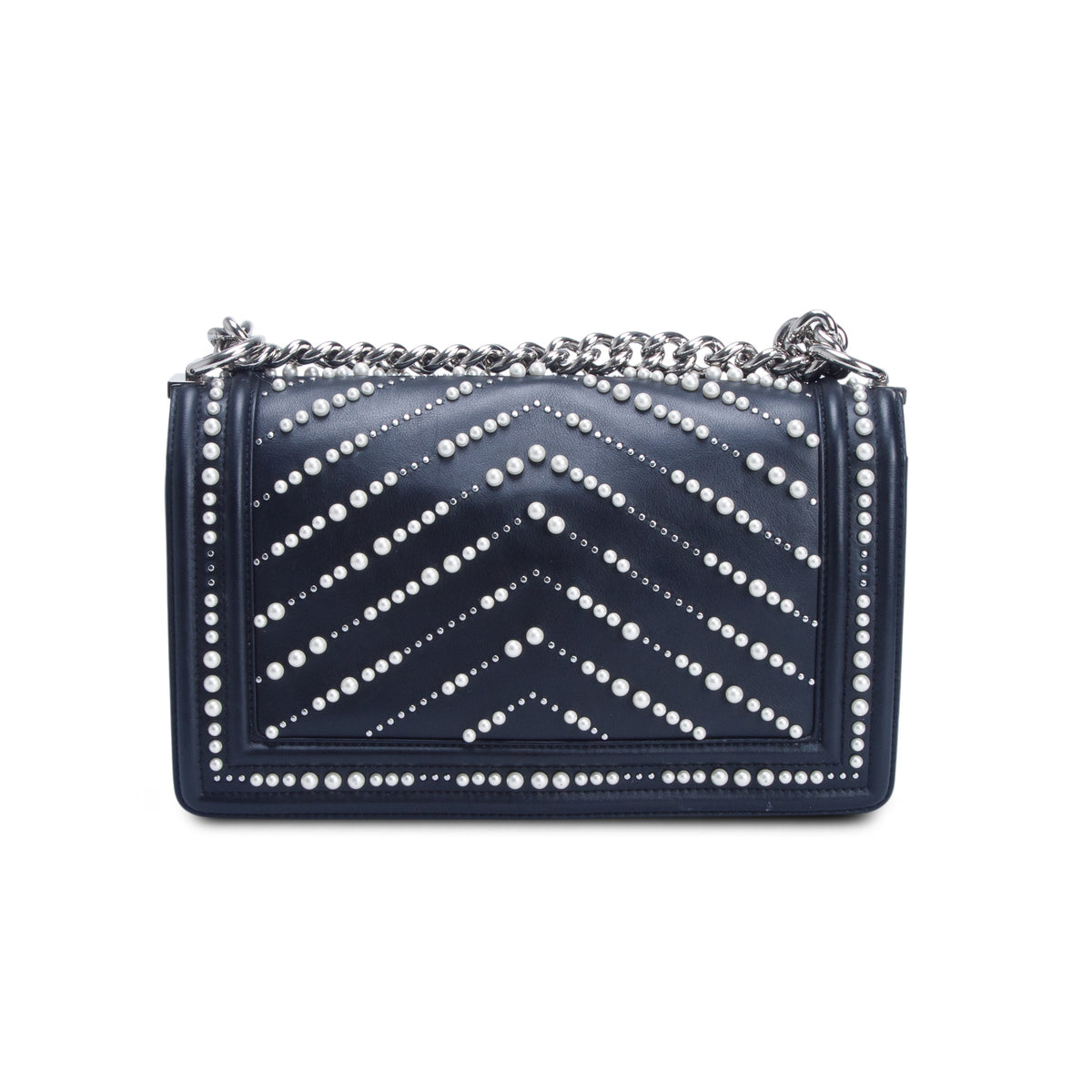Chanel Black Calfskin Leather Medium Chevron Pearl Boy Bag
