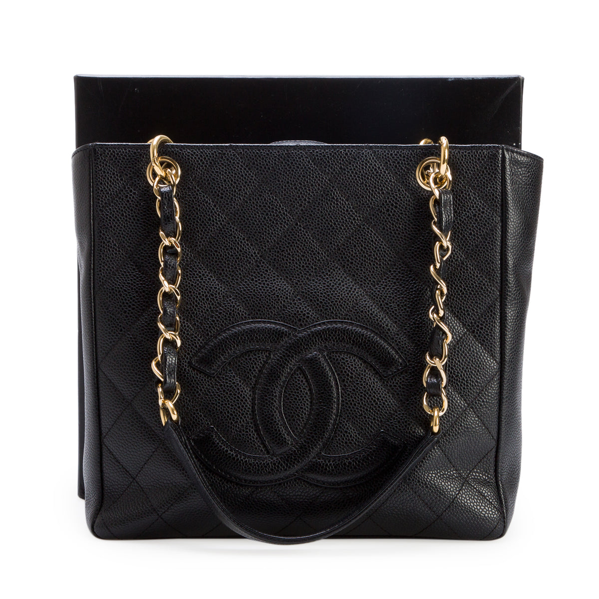 Chanel Black Caviar Quilted Petite Shopping Tote PST w/ Box & Authenticity Card