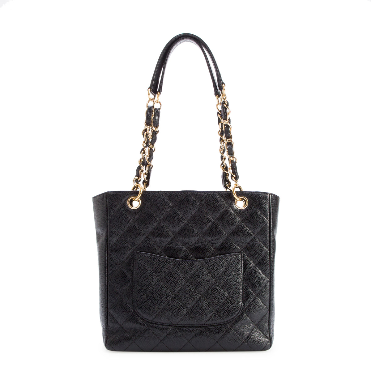 Chanel Black Caviar Quilted Petite Shopping Tote PST w/ Box & Authenticity Card