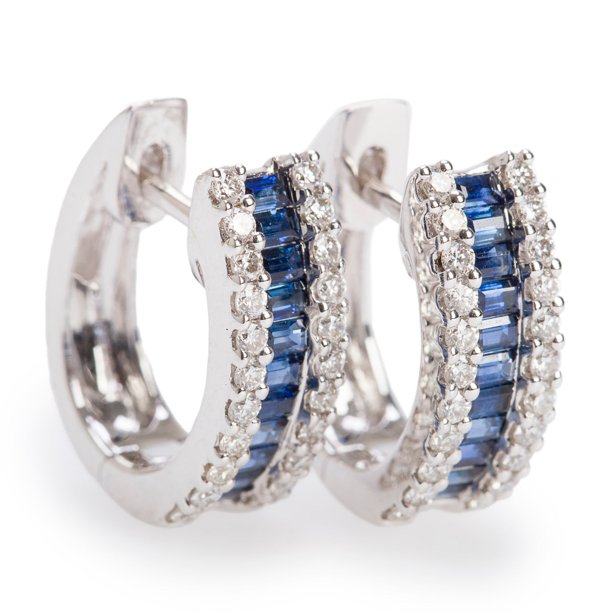 18k White Gold Blue Sapphire & Diamond Huggie Earrings