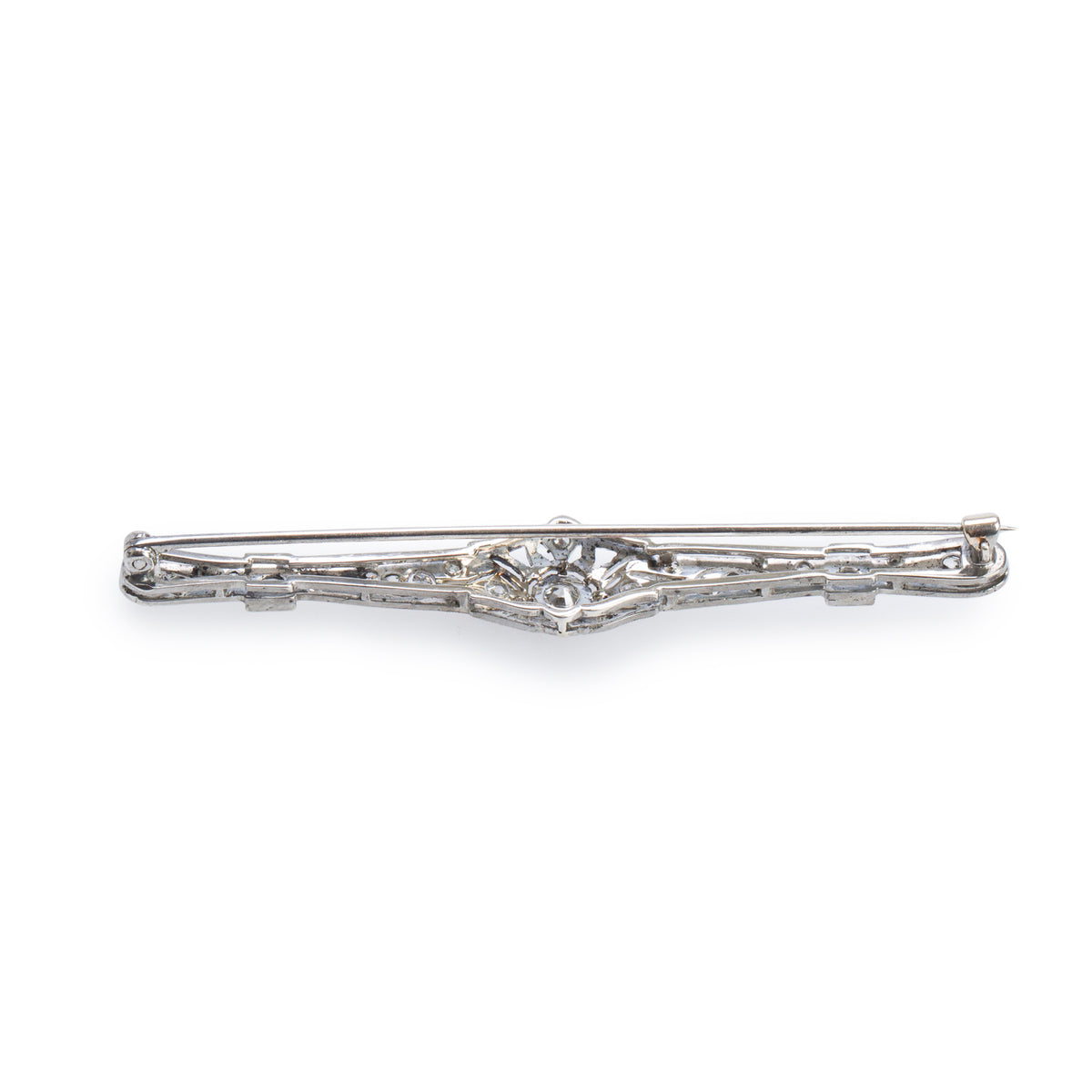 Antique 18k White Gold Diamond Filigree Bar Brooch