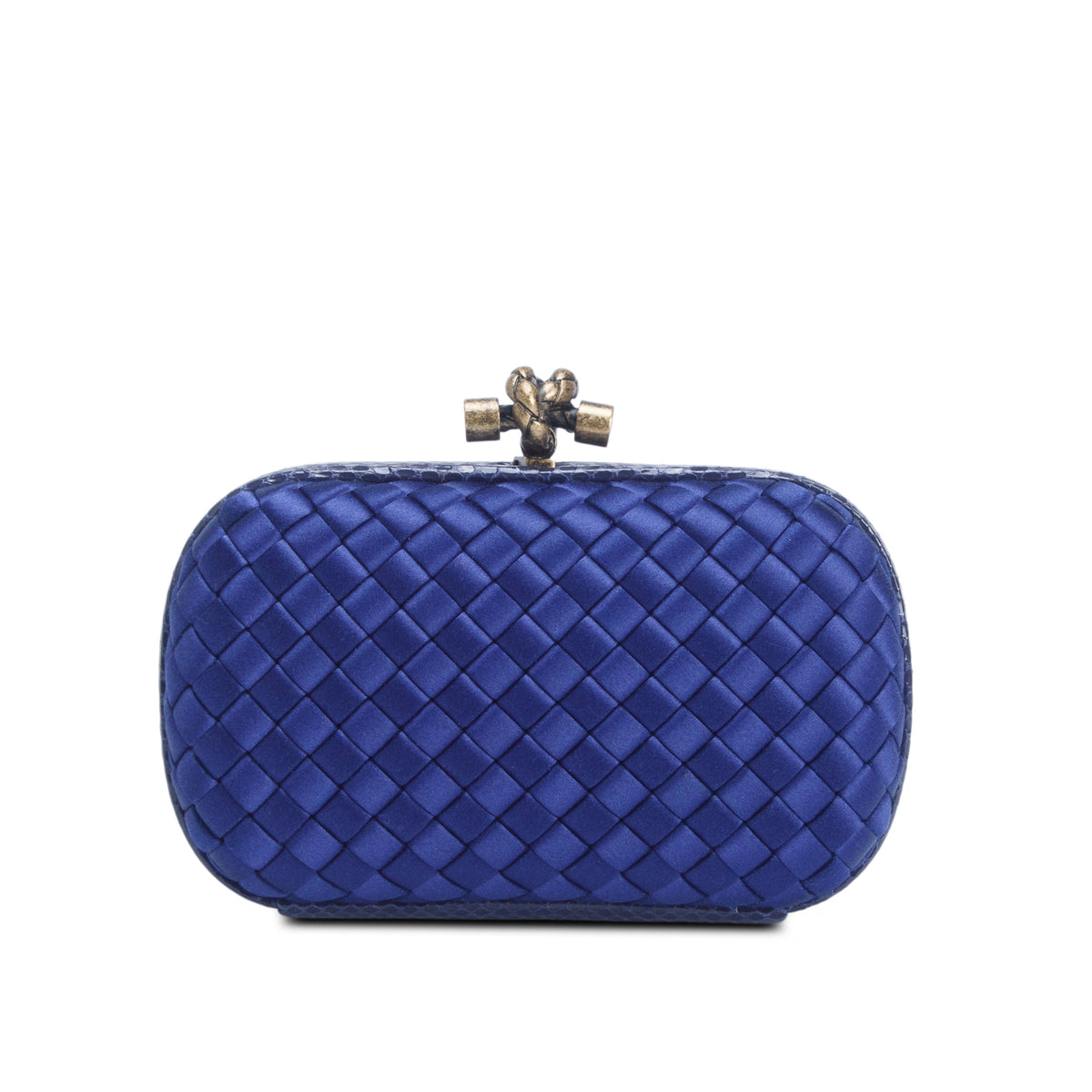 Bottega Veneta Blue Satin Ayers Intreccio Impero Knot Clutch