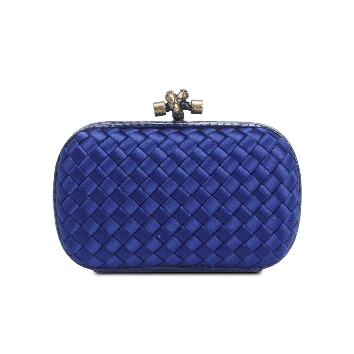 Bottega Veneta Blue Satin Ayers Intreccio Impero Knot Clutch
