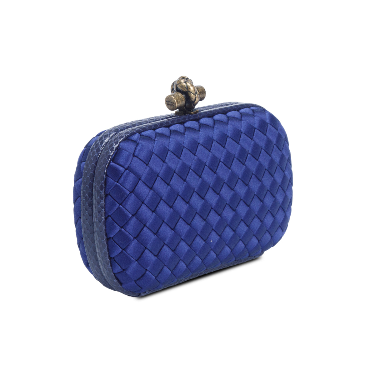 Bottega Veneta Blue Satin Ayers Intreccio Impero Knot Clutch