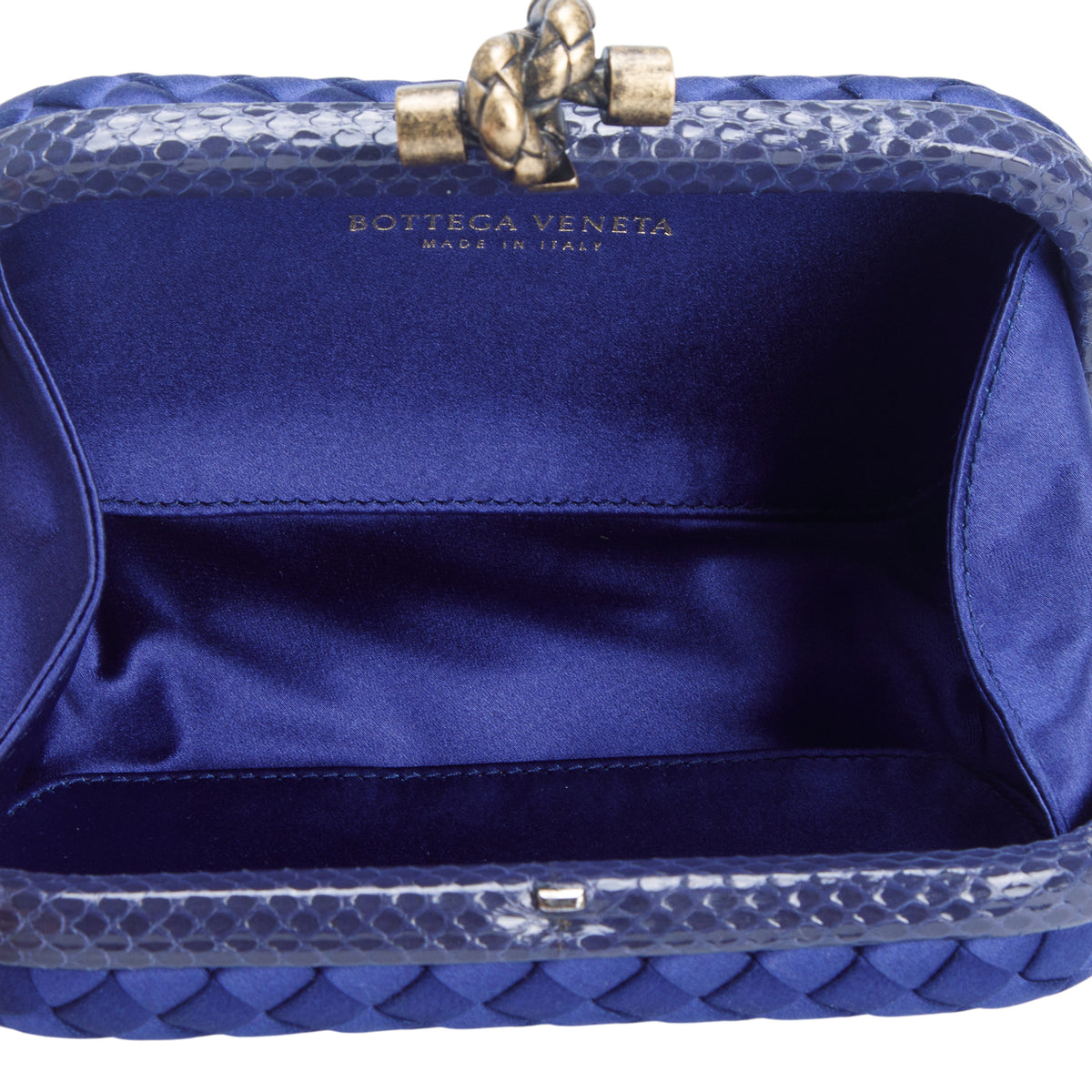Bottega Veneta Blue Satin Ayers Intreccio Impero Knot Clutch