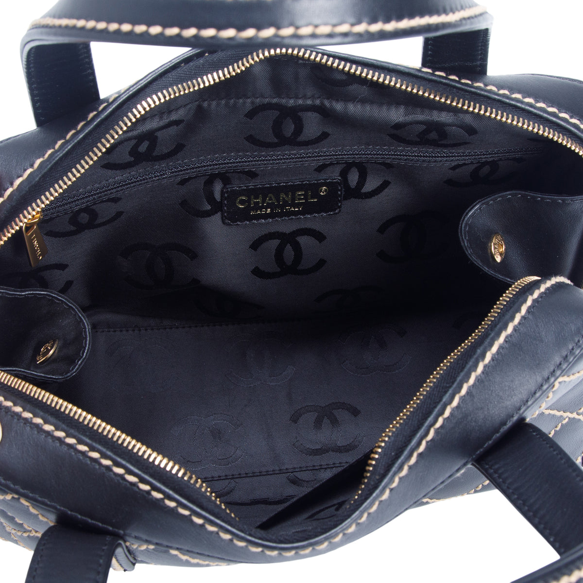 Chanel Black Calfskin Contrast Stich Surpique Bowler w/ Authenticity Card