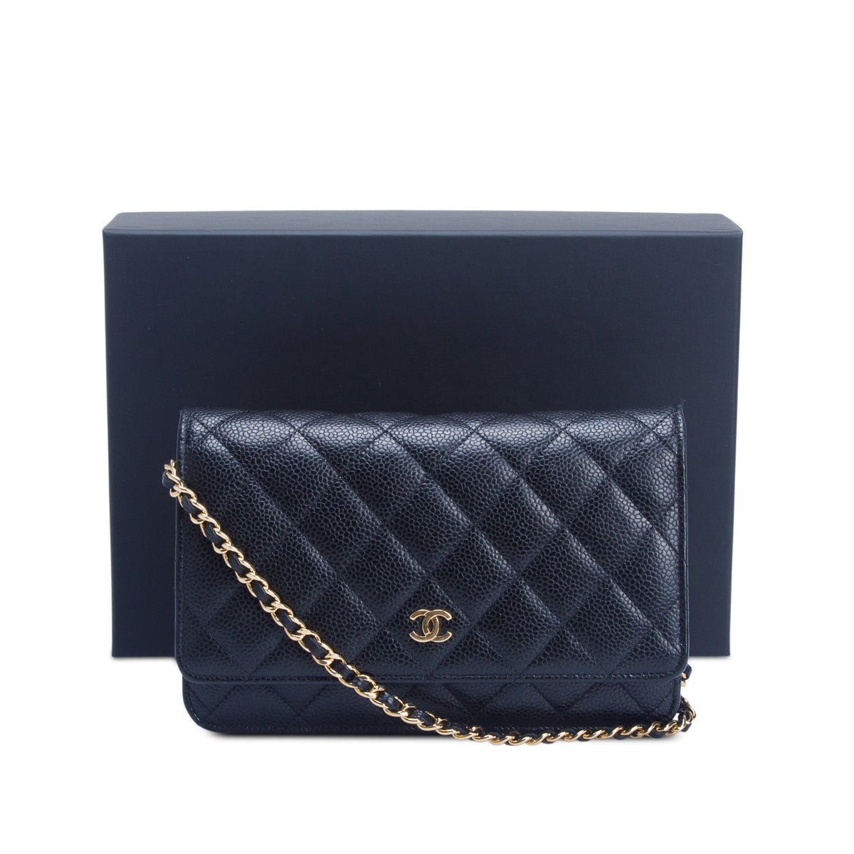 Chanel 2020 Black Caviar Quilted Classic Wallet on Chain w/ Box, Authenticity Card & Receipt