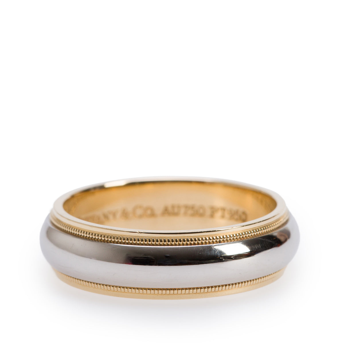 Tiffany & Co. Platinum & 18k Yellow Gold Milgrain 6 MM Wedding Band Ring, Size 9
