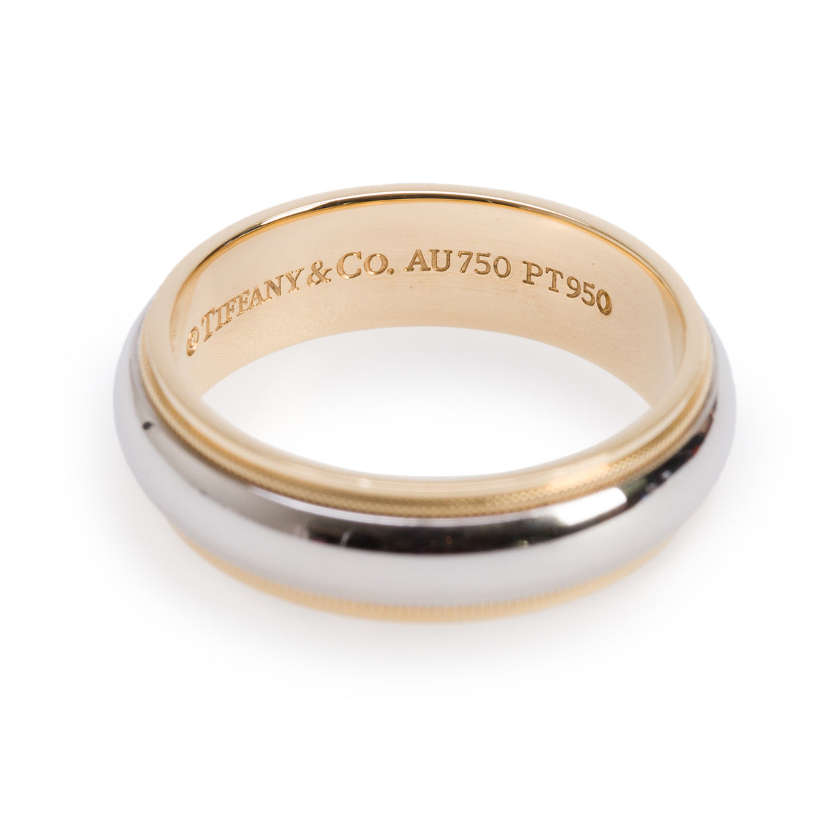 Tiffany & Co. Platinum & 18k Yellow Gold Milgrain 6 MM Wedding Band Ring, Size 9