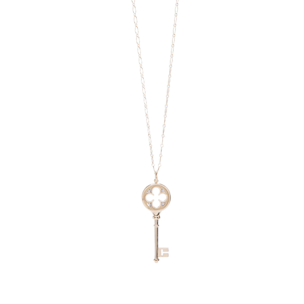 Tiffany & Co. 18k Yellow Gold Diamond Clover Key Pendant Necklace w/ Box