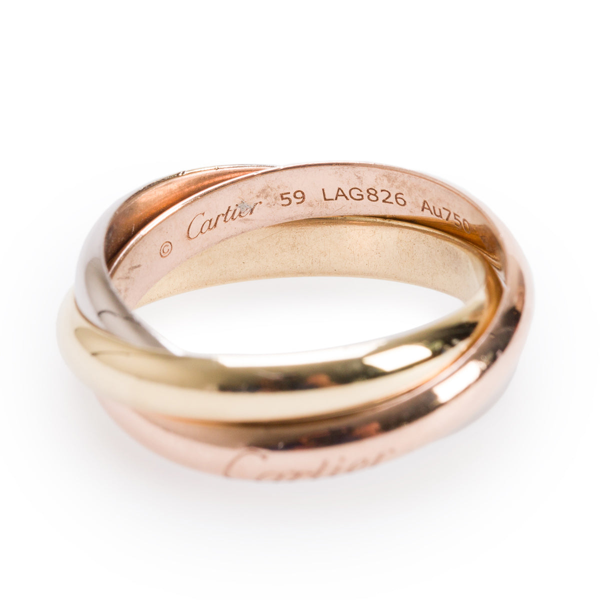 Cartier 18k Tri-Gold Classic Trinity Rolling Ring, Size 59 8.75