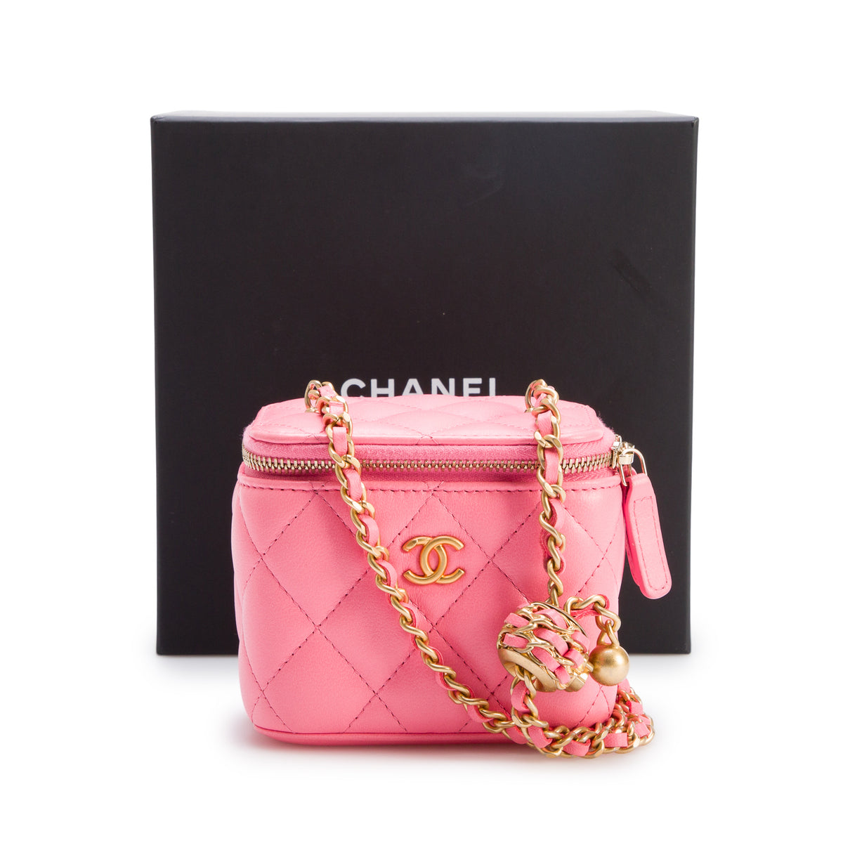 Chanel 2022 Pink Calfskin Leather Mini Pearl Crush Vanity Case w/ Box