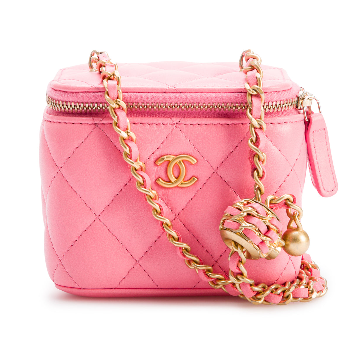 Chanel 2022 Pink Calfskin Leather Mini Pearl Crush Vanity Case w/ Box