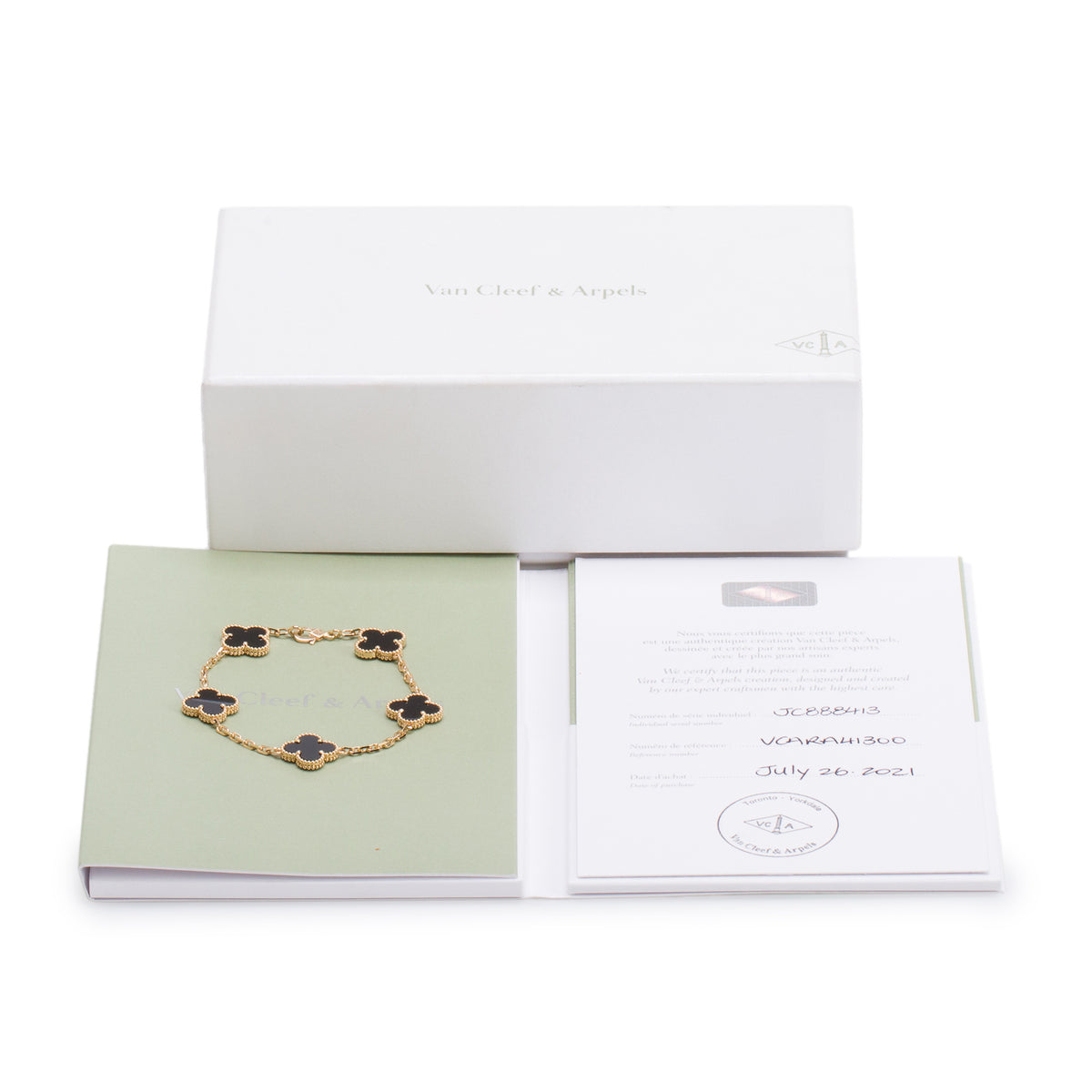 Van Cleef & Arpels 18k Yellow Gold Vintage Alhambra 5 Motif Onyx Bracelet w/ Box & Certificate