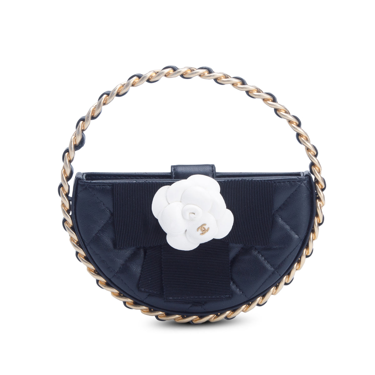 Chanel Lambskin Quilted Round Camellia Mini Clutch