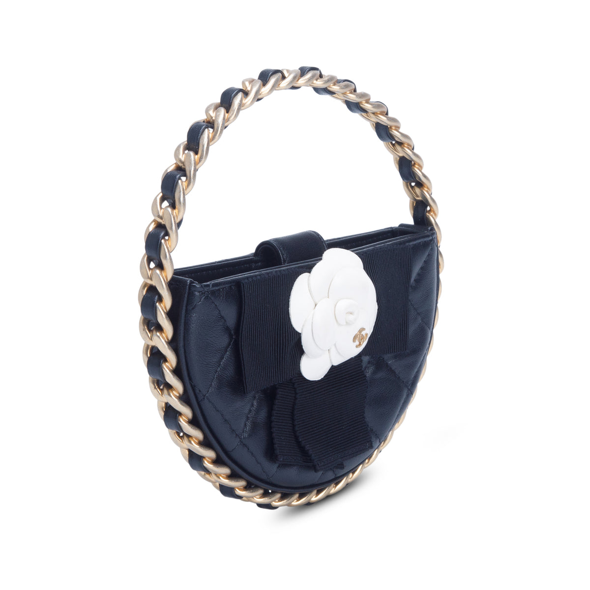Chanel Lambskin Quilted Round Camellia Mini Clutch