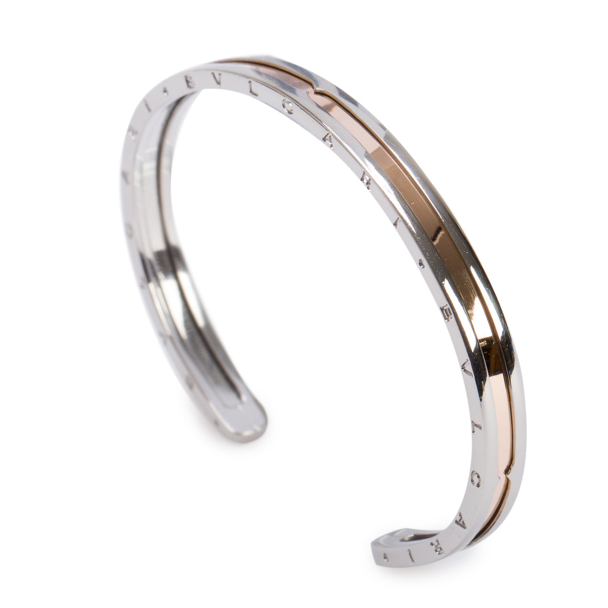 BVLGARI Stainless Steel & 18k Rose Gold B.Zero1 Cuff Bracelet w/ Box