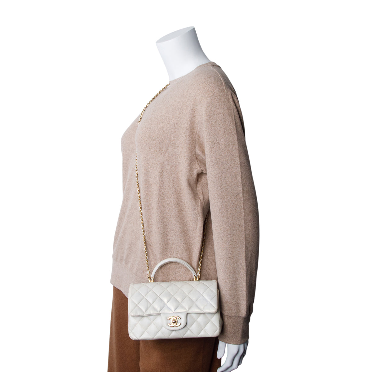 Chanel 2021 White Iridescent Lambskin Quilted Mini Top Handle Rectangular Flap w/ Authenticity Card