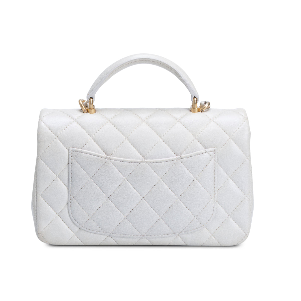 Chanel 2021 White Iridescent Lambskin Quilted Mini Top Handle Rectangular Flap w/ Authenticity Card