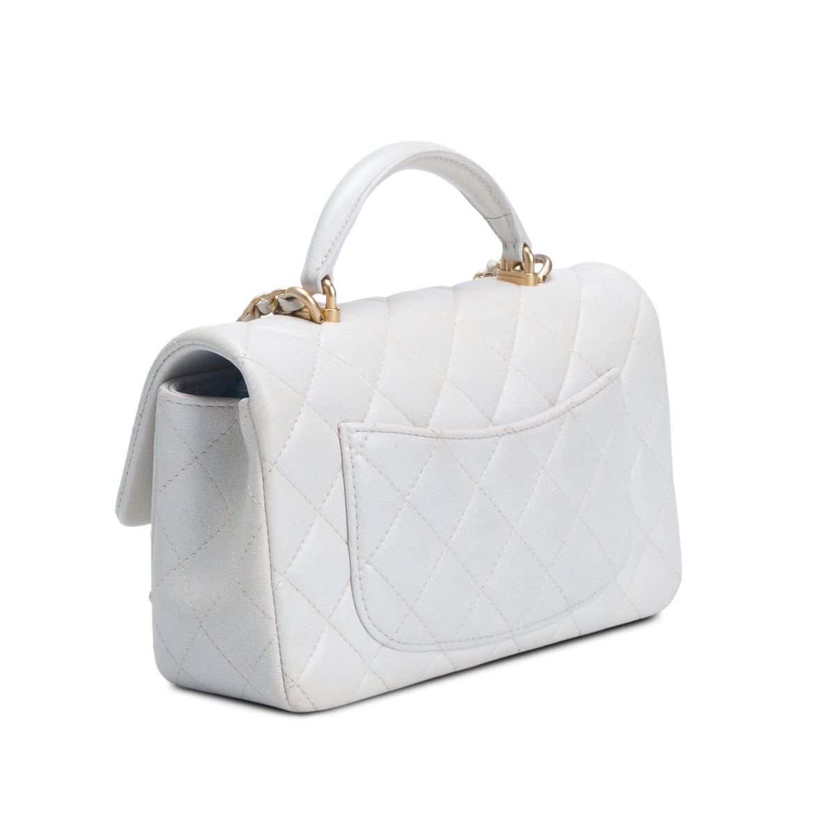 Chanel 2021 White Iridescent Lambskin Quilted Mini Top Handle Rectangular Flap w/ Authenticity Card