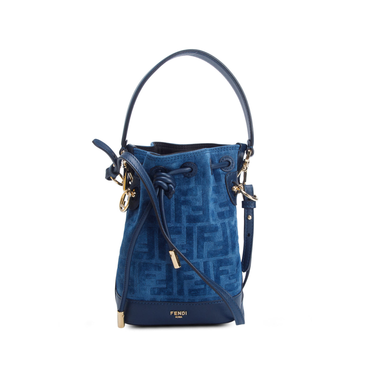 Fendi 2025 Blue Denim Effect Velvet FF Jacquard Vitello Mini Mon Tresor Bucket Bag w/ Box, Straps & Receipt
