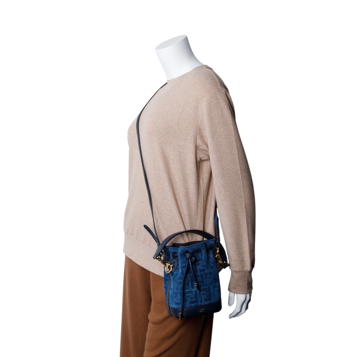 Fendi 2025 Blue Denim Effect Velvet FF Jacquard Vitello Mini Mon Tresor Bucket Bag w/ Box, Straps & Receipt